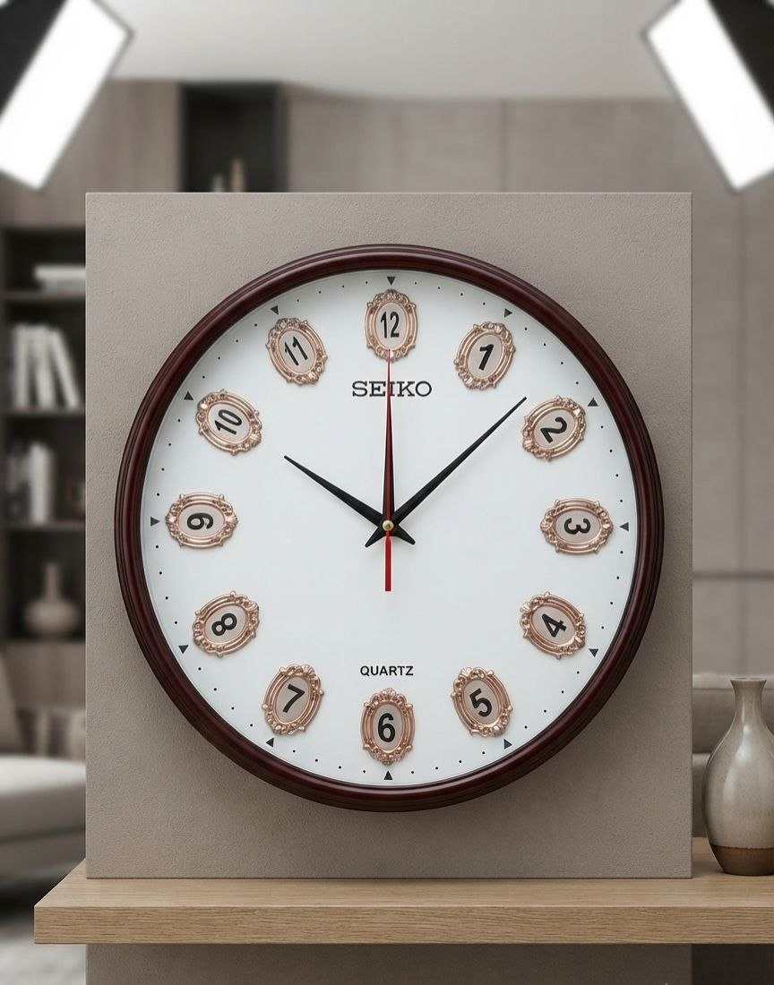 Seiko Round Wall Clock – Dark Wood Frame with Ornate Bronze Numerals