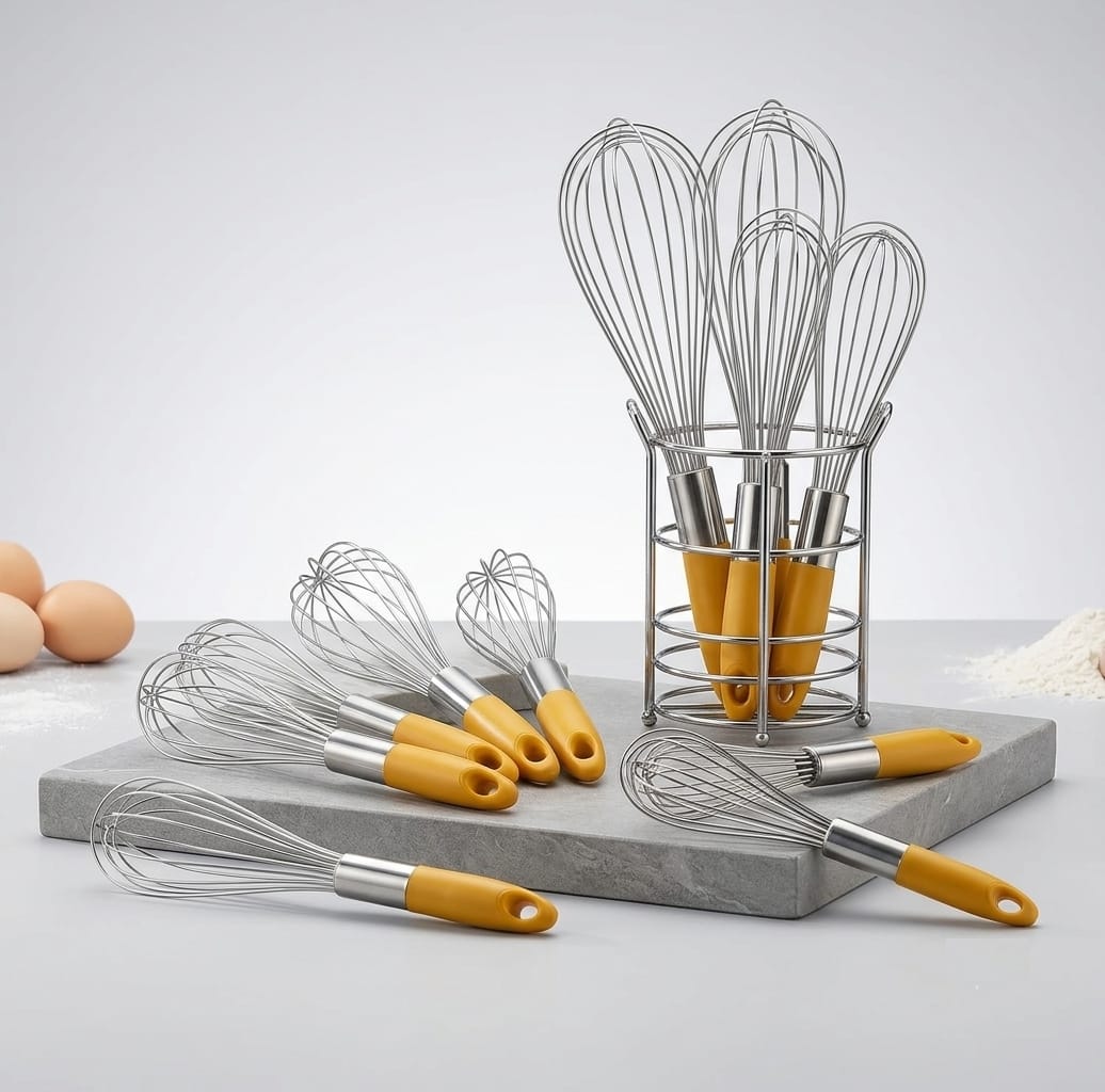 Stainless Steel Kitchen Whisk Set with Yellow Handles