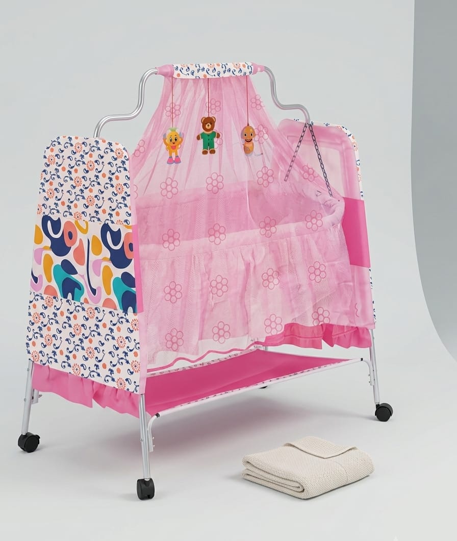 Portable Pink Baby Cradle with Mosquito Net and Wheels