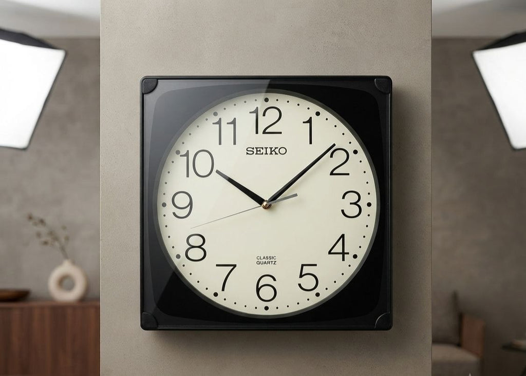Seiko Square Wall Clock – Modern Black Frame with Cream Dial