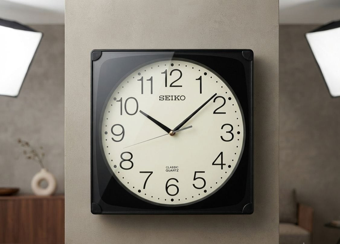 Seiko Square Wall Clock – Modern Black Frame with Cream Dial