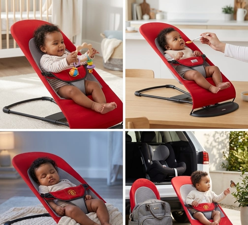 Ergonomic Red Baby Bouncer Chair with Breathable Mesh