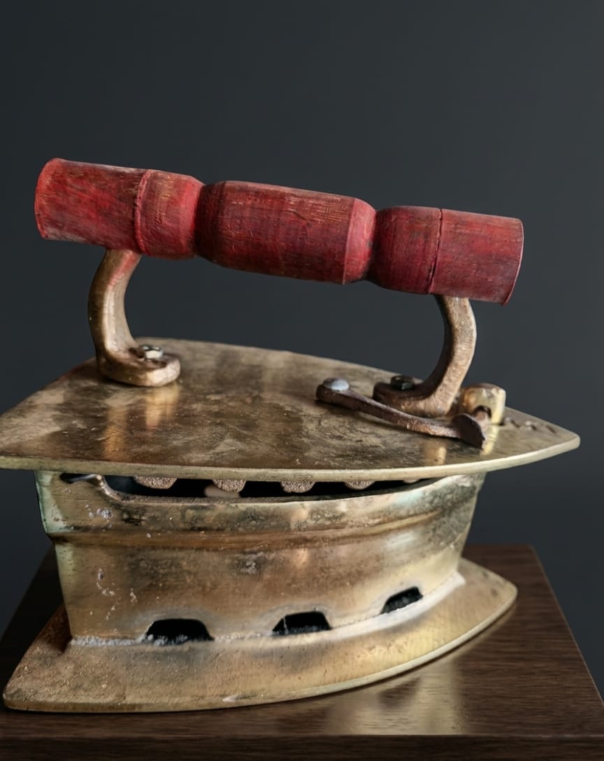 Vintage Cast Brass Coal Iron with Red Wooden Handle