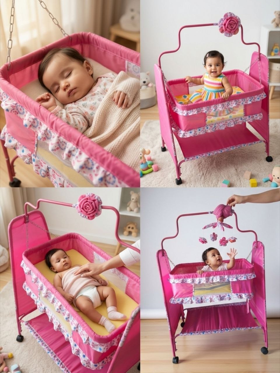 Portable Pink Swinging Baby Cradle Bassinet with Wheels