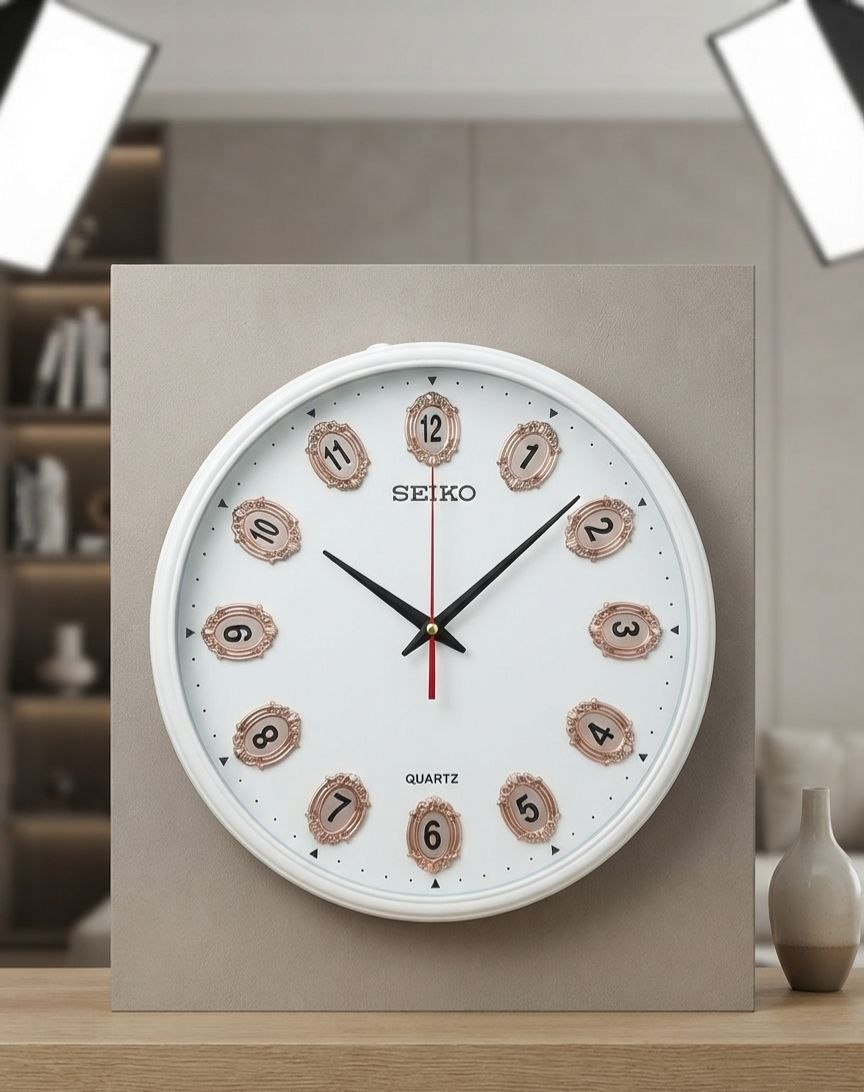 Seiko Round Wall Clock with Ornate Bronze Numbers – White Dial