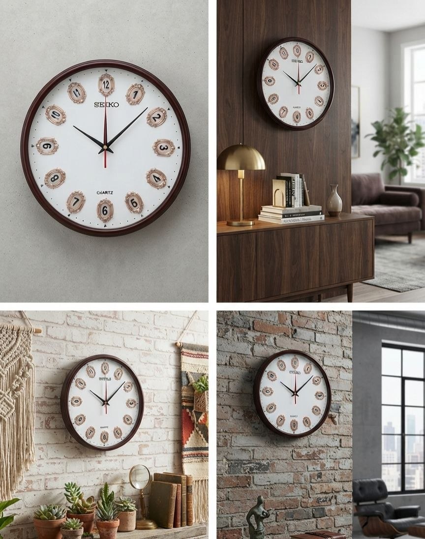 Seiko Round Wall Clock – Dark Wood Frame with Ornate Bronze Numerals