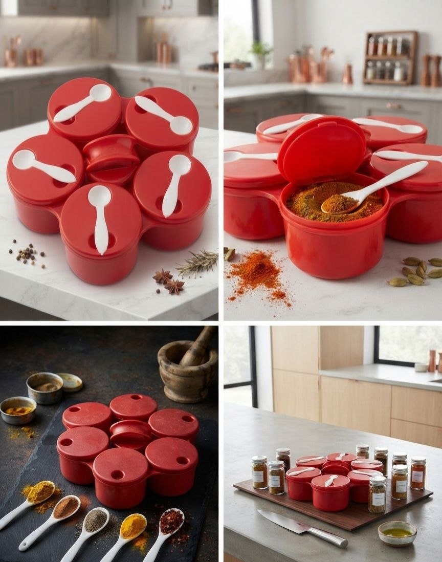 Red Spice Container Set with Serving Spoons – 5-Compartment Organizer