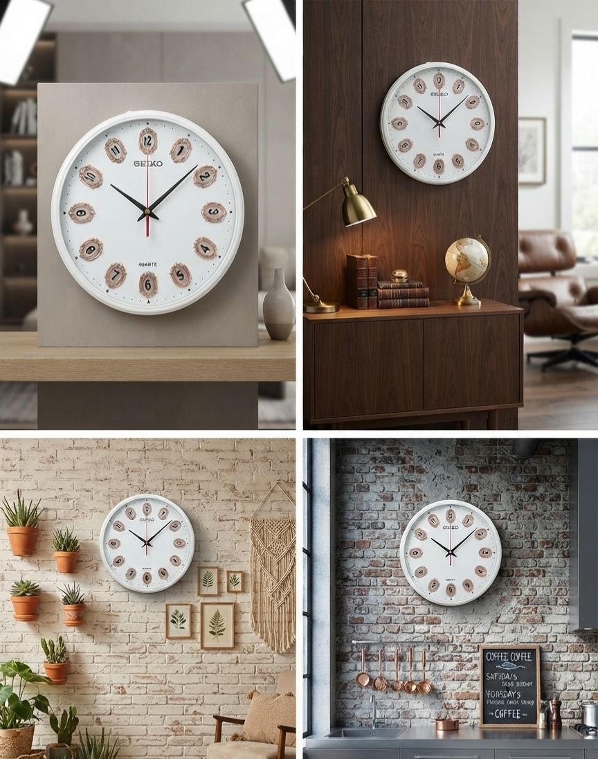 Seiko Round Wall Clock with Ornate Bronze Numbers – White Dial