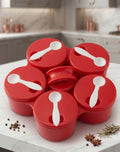 Red Spice Container Set with Serving Spoons – 5-Compartment Organizer