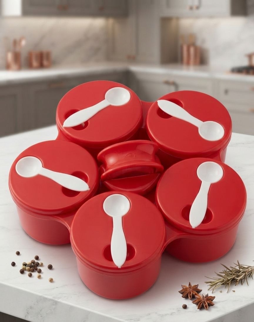 Red Spice Container Set with Serving Spoons – 5-Compartment Organizer