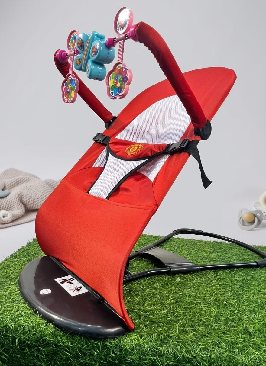 Red Baby Bouncer Chair with Toy Bar and Mesh Seat