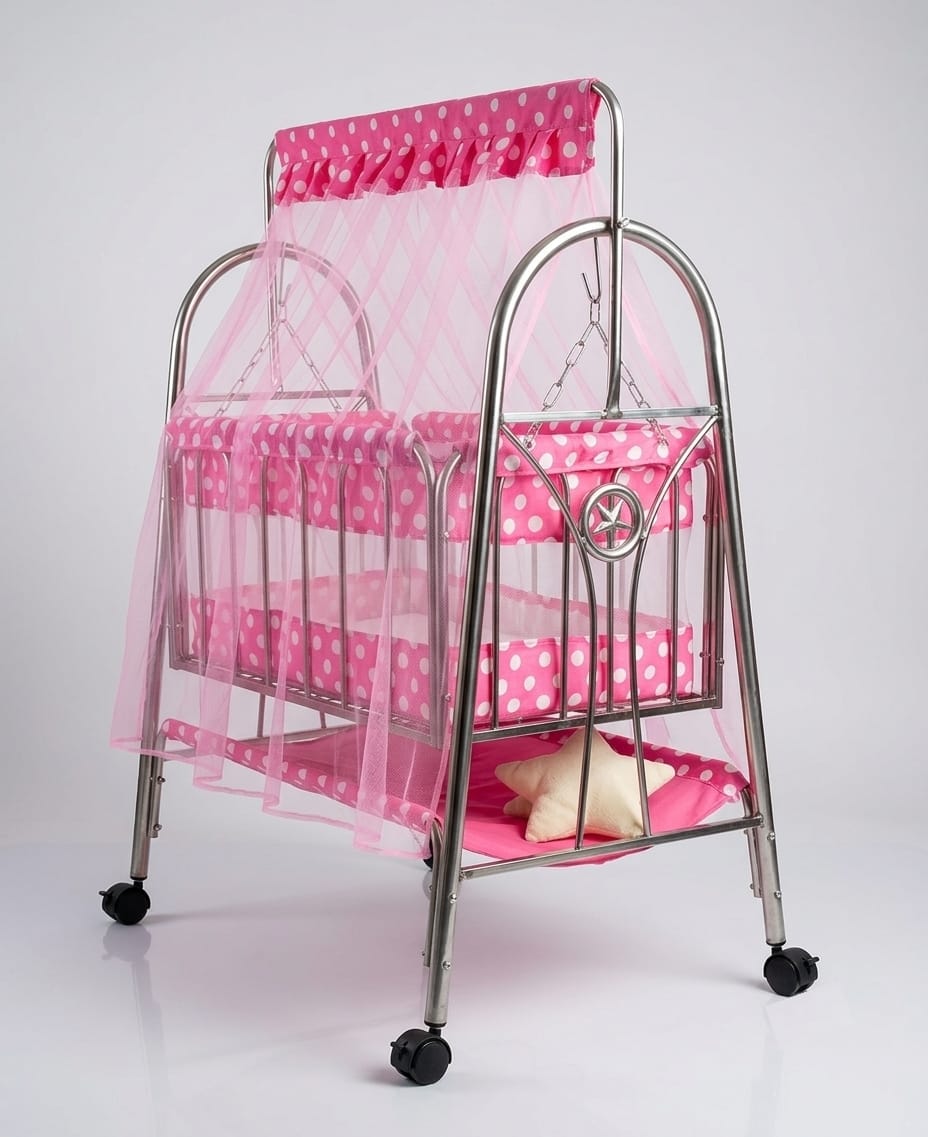 Portable Pink Polka Dot Baby Cradle with Mosquito Net