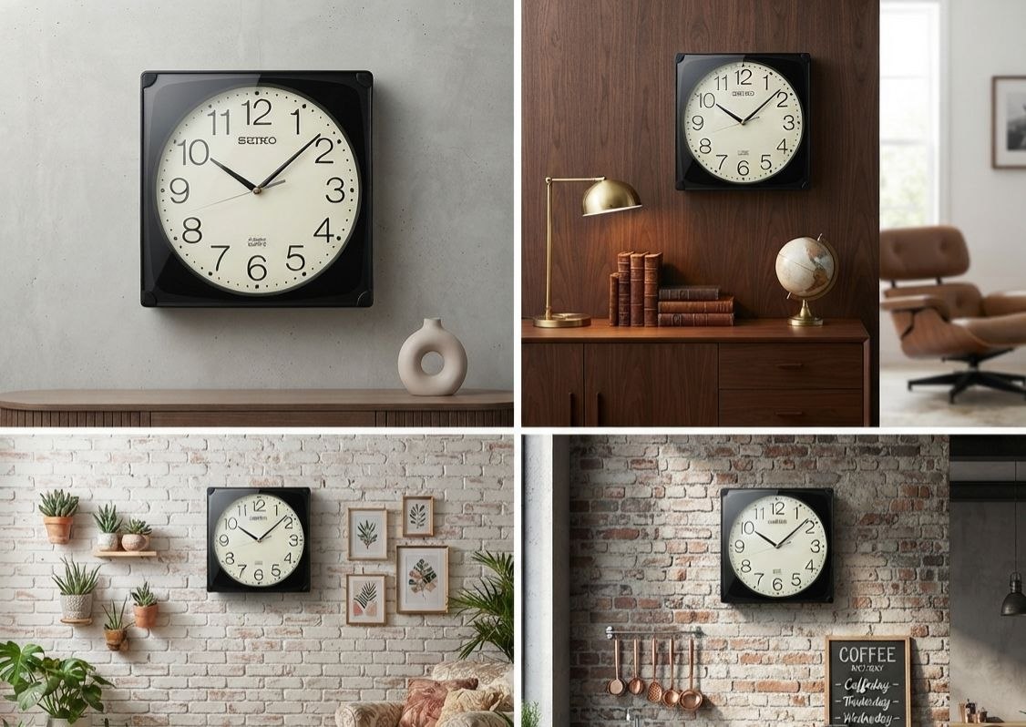 Seiko Square Wall Clock – Modern Black Frame with Cream Dial
